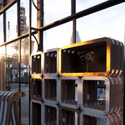More Light: modular bookcase in 100% recyclable cardboard. Special edition in gold leaf. Milano Design Week 2019. Designer Giorgio Caporaso for Lessmore